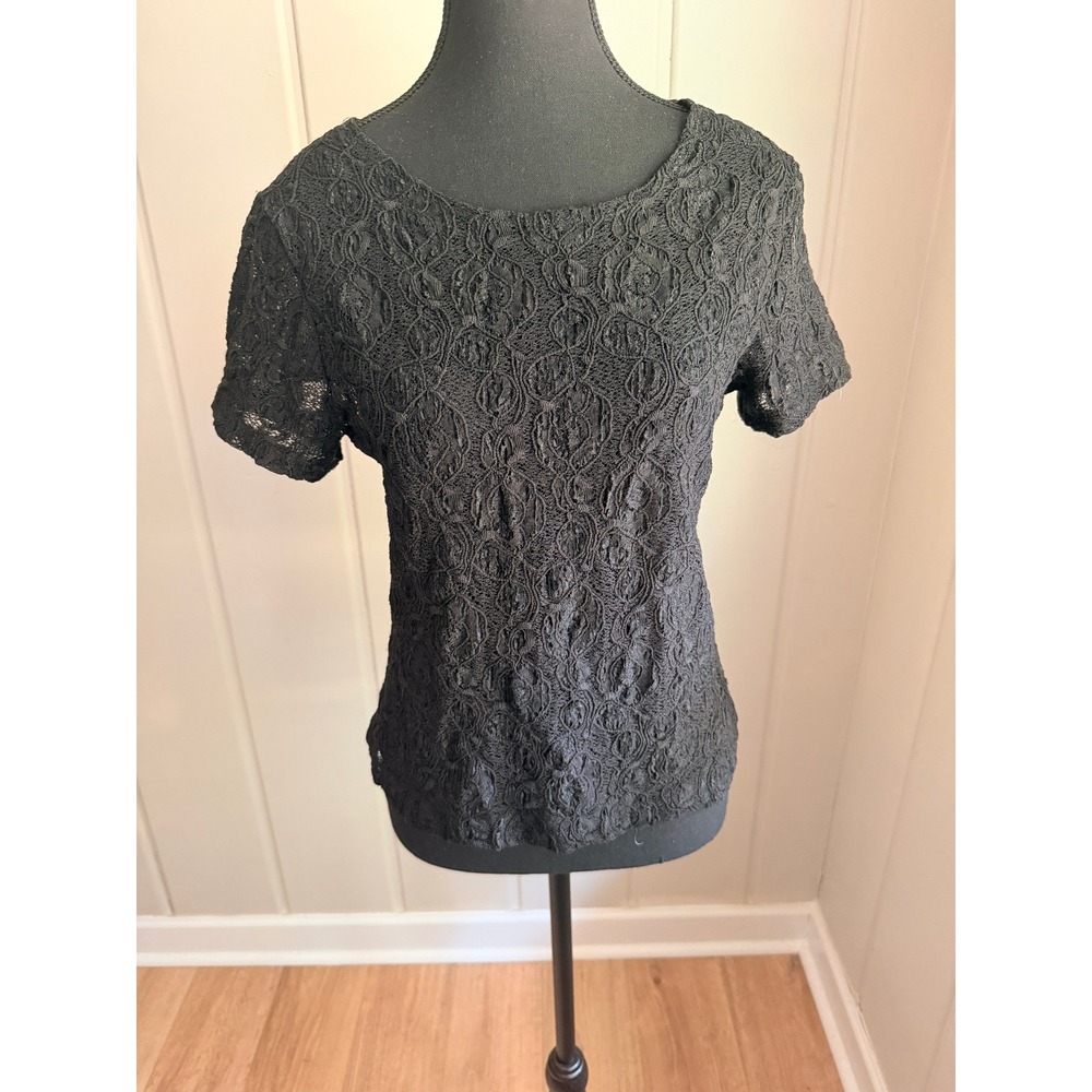 Vintage 90s Nap Black sheer Floral Lace Short Sleeve Top Blouse